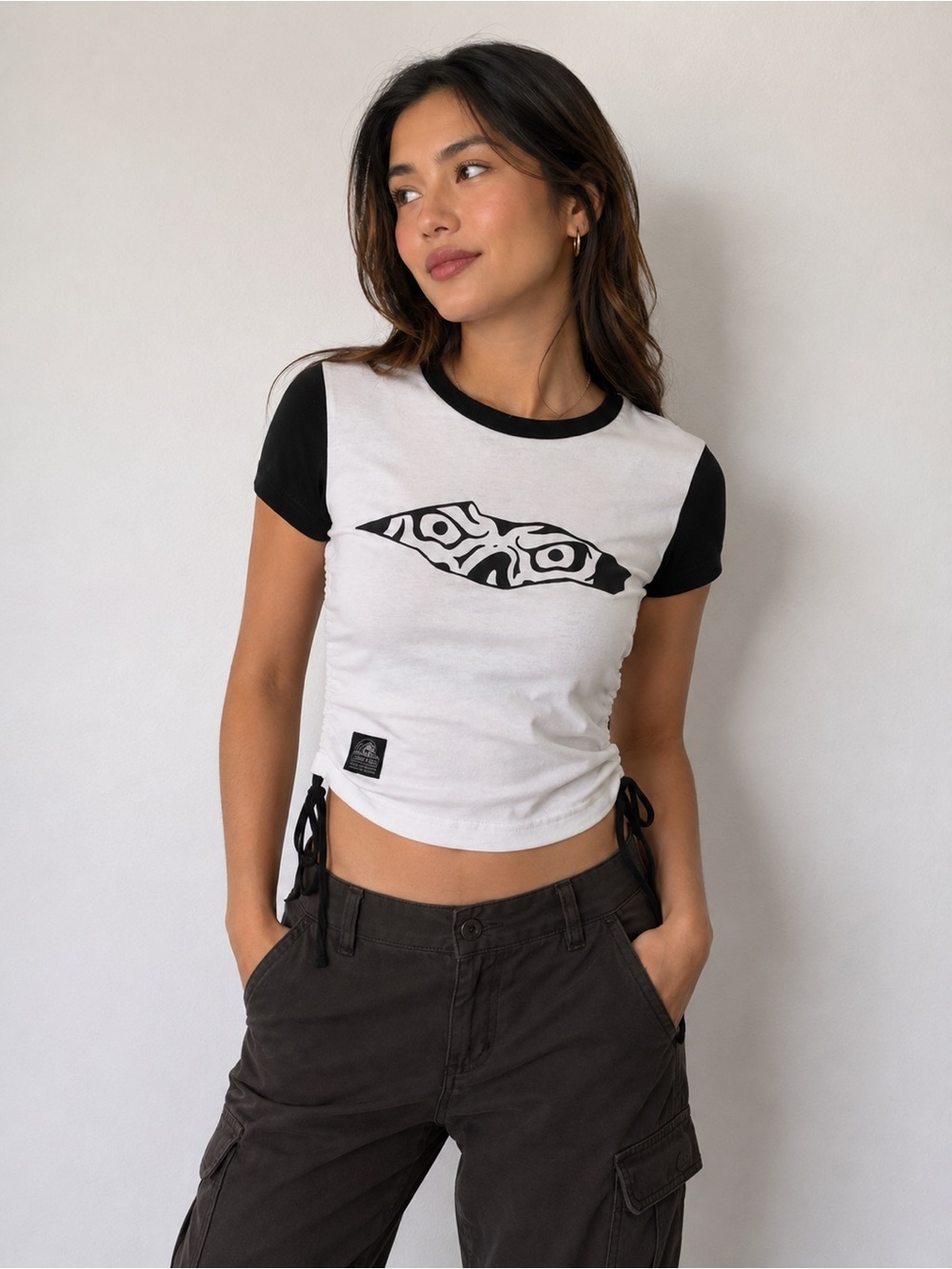 Lurking Class Skull Graphic Baby Tee Black White Side Tie Crop Top NWT M
